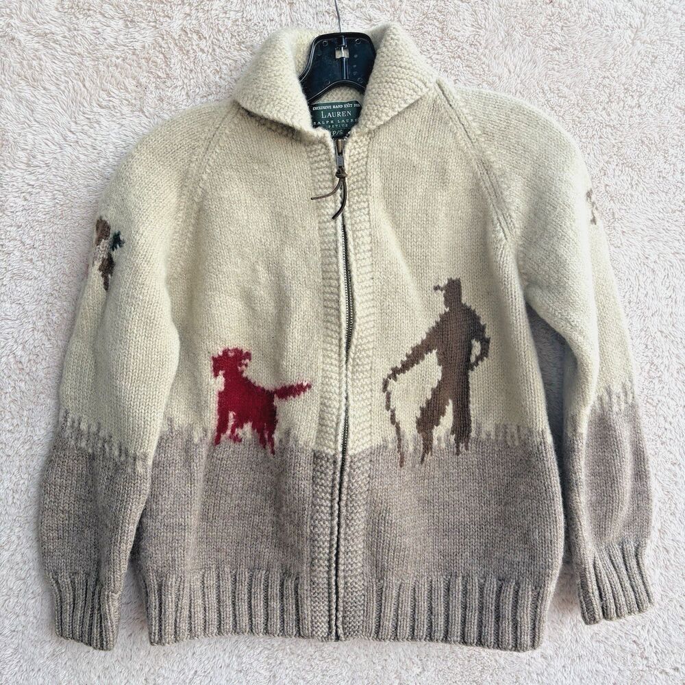 Lauren Ralph Lauren Knit Wool Sweater Womens PS Full Zip Hunting Dog Bird READ